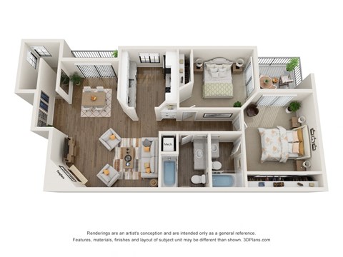 Floor plan for 2 beds, 2 baths, 999 sqft